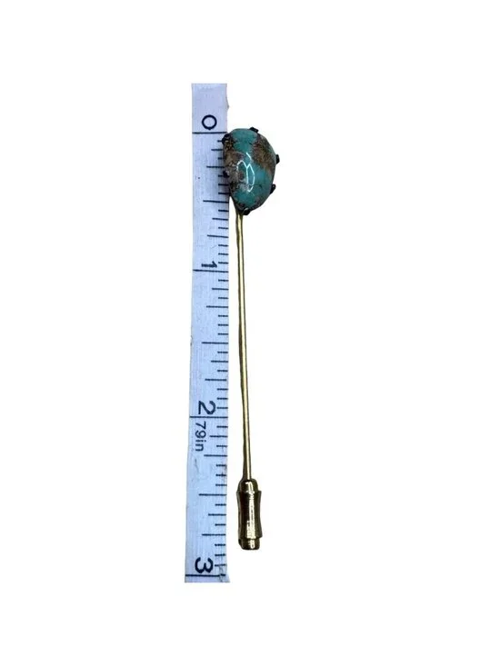 Vintage Sterling Turquoise Stick Pin Brooch Hat Brass Stem 2.75" Brooch Sterling - Picture 6 of 7